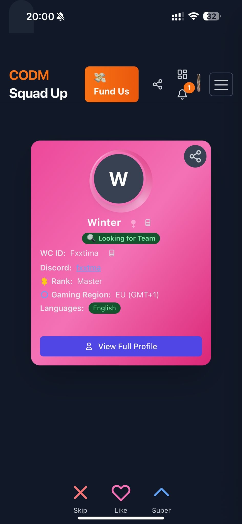 CODM SquadUp Play Store screenshot showing a player profile and team matching controls